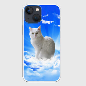 Чехол для iPhone 13 mini с принтом Кот в облаках в Курске,  |  | animals | cat | kitty | ангел | белый кот | блики | взгляд кота | глаза кота | животные | киска | кот | котейка | котенок | котик | кошак | кошка | лучи | мордочка | небесный | небо | облака | пейзаж | питомец
