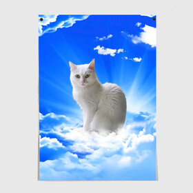 Постер с принтом Кот в облаках в Курске, 100% бумага
 | бумага, плотность 150 мг. Матовая, но за счет высокого коэффициента гладкости имеет небольшой блеск и дает на свету блики, но в отличии от глянцевой бумаги не покрыта лаком | animals | cat | kitty | ангел | белый кот | блики | взгляд кота | глаза кота | животные | киска | кот | котейка | котенок | котик | кошак | кошка | лучи | мордочка | небесный | небо | облака | пейзаж | питомец