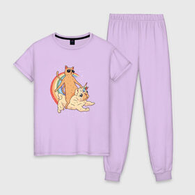 Женская пижама хлопок с принтом Кот верхом на мопсе единороге в Курске, 100% хлопок | брюки и футболка прямого кроя, без карманов, на брюках мягкая резинка на поясе и по низу штанин | Тематика изображения на принте: cat | cool cat | cute | galaxy | pug | pugs | rainbow | space | stars | бульдог | бульдожка | галактика | звезды | космический | космос | кошка | крутой кот | милые | милый | мопс | мопсик | на радуге | очки | прикол | радуга
