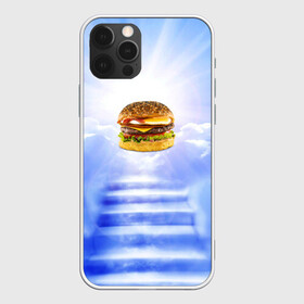 Чехол для iPhone 12 Pro с принтом Райский бургер в Курске, силикон | область печати: задняя сторона чехла, без боковых панелей | Тематика изображения на принте: food | hamburger | hot dog | ангел | блики | булка | булочка | бургер | бутерброд | вкусняшки | гамбургер | еда | котлета | лестница | лучи | небесный | небо | обжора | облака | пейзаж | природа | рай | сендвич