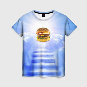Женская футболка 3D с принтом Райский бургер в Курске, 100% полиэфир ( синтетическое хлопкоподобное полотно) | прямой крой, круглый вырез горловины, длина до линии бедер | food | hamburger | hot dog | ангел | блики | булка | булочка | бургер | бутерброд | вкусняшки | гамбургер | еда | котлета | лестница | лучи | небесный | небо | обжора | облака | пейзаж | природа | рай | сендвич