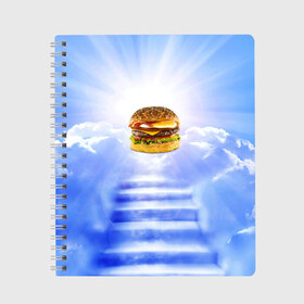Тетрадь с принтом Райский бургер в Курске, 100% бумага | 48 листов, плотность листов — 60 г/м2, плотность картонной обложки — 250 г/м2. Листы скреплены сбоку удобной пружинной спиралью. Уголки страниц и обложки скругленные. Цвет линий — светло-серый
 | Тематика изображения на принте: food | hamburger | hot dog | ангел | блики | булка | булочка | бургер | бутерброд | вкусняшки | гамбургер | еда | котлета | лестница | лучи | небесный | небо | обжора | облака | пейзаж | природа | рай | сендвич