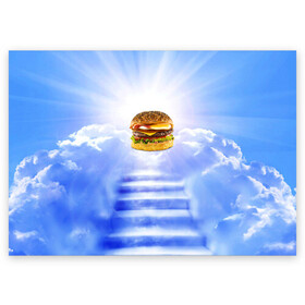Поздравительная открытка с принтом Райский бургер в Курске, 100% бумага | плотность бумаги 280 г/м2, матовая, на обратной стороне линовка и место для марки
 | Тематика изображения на принте: food | hamburger | hot dog | ангел | блики | булка | булочка | бургер | бутерброд | вкусняшки | гамбургер | еда | котлета | лестница | лучи | небесный | небо | обжора | облака | пейзаж | природа | рай | сендвич
