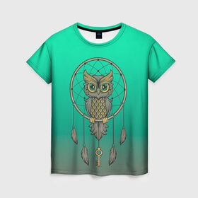 Женская футболка 3D с принтом сова ловец снов в Курске, 100% полиэфир ( синтетическое хлопкоподобное полотно) | прямой крой, круглый вырез горловины, длина до линии бедер | арт | взгляд | градиент | знание | ключ | круг | ловец снов | масоны | мудрость | перо | птица | птичка | сова | тайна | филин