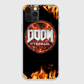 Чехол для iPhone 12 Pro с принтом DOOM Eternal в Курске, силикон | область печати: задняя сторона чехла, без боковых панелей | doom eternal | дум | игра | компьютерная | логотип | надпись | огненный | огонь | подарок | пожар | символ | фанату | черный