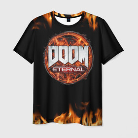 Мужская футболка 3D с принтом DOOM Eternal в Курске, 100% полиэфир | прямой крой, круглый вырез горловины, длина до линии бедер | doom eternal | дум | игра | компьютерная | логотип | надпись | огненный | огонь | подарок | пожар | символ | фанату | черный