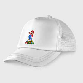 Детская кепка тракер с принтом Super Mario в Курске, Козырек - 100% хлопок. Кепка - 100% полиэстер, Задняя часть - сетка | универсальный размер, пластиковая застёжка | видеоигра | игра | марио | персонаж