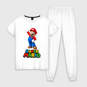 Женская пижама хлопок с принтом Super Mario в Курске, 100% хлопок | брюки и футболка прямого кроя, без карманов, на брюках мягкая резинка на поясе и по низу штанин | видеоигра | игра | марио | персонаж