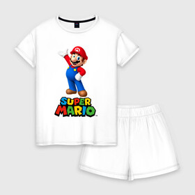 Женская пижама с шортиками хлопок с принтом Super Mario в Курске, 100% хлопок | футболка прямого кроя, шорты свободные с широкой мягкой резинкой | видеоигра | игра | марио | персонаж