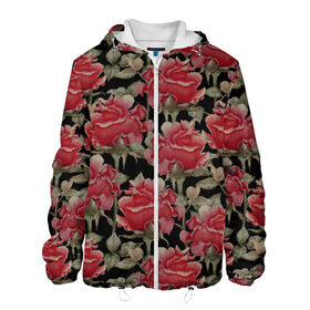 Мужская куртка 3D с принтом Красные розы на черном фоне в Курске, ткань верха — 100% полиэстер, подклад — флис | прямой крой, подол и капюшон оформлены резинкой с фиксаторами, два кармана без застежек по бокам, один большой потайной карман на груди. Карман на груди застегивается на липучку | 8 марта | flowers | summer | ботаническая иллюстрация | весна | зеленый | красный | лето | любовь | праздник | принт | природа | растения | розы | цветы | черный