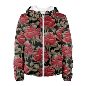 Женская куртка 3D с принтом Красные розы на черном фоне в Курске, ткань верха — 100% полиэстер, подклад — флис | прямой крой, подол и капюшон оформлены резинкой с фиксаторами, два кармана без застежек по бокам, один большой потайной карман на груди. Карман на груди застегивается на липучку | 8 марта | flowers | summer | ботаническая иллюстрация | весна | зеленый | красный | лето | любовь | праздник | принт | природа | растения | розы | цветы | черный