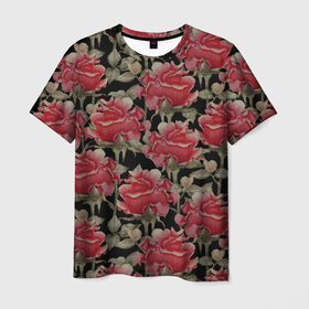 Мужская футболка 3D с принтом Красные розы на черном фоне в Курске, 100% полиэфир | прямой крой, круглый вырез горловины, длина до линии бедер | 8 марта | flowers | summer | ботаническая иллюстрация | весна | зеленый | красный | лето | любовь | праздник | принт | природа | растения | розы | цветы | черный
