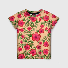 Детская футболка 3D с принтом Гибискусы на бежевом фоне в Курске, 100% гипоаллергенный полиэфир | прямой крой, круглый вырез горловины, длина до линии бедер, чуть спущенное плечо, ткань немного тянется | 8 марта | flowers | summer | бежевый | ботаническая иллюстрация | весна | гибискус | зеленый | красный | лето | любовь | праздник | принт | природа | растения | цветы