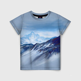 Детская футболка 3D с принтом Серо-голубые горы в Курске, 100% гипоаллергенный полиэфир | прямой крой, круглый вырез горловины, длина до линии бедер, чуть спущенное плечо, ткань немного тянется | арт | горы | живопись | кистью | краски | пейзаж | рисунок | серый