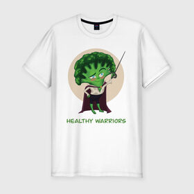 Мужская футболка хлопок Slim с принтом Здоровые воины в Курске, 92% хлопок, 8% лайкра | приталенный силуэт, круглый вырез ворота, длина до линии бедра, короткий рукав | Тематика изображения на принте: брокколи | воин | здоровье | зеленый | овощи