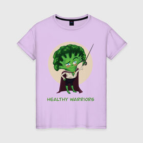 Женская футболка хлопок с принтом Здоровые воины в Курске, 100% хлопок | прямой крой, круглый вырез горловины, длина до линии бедер, слегка спущенное плечо | брокколи | воин | здоровье | зеленый | овощи