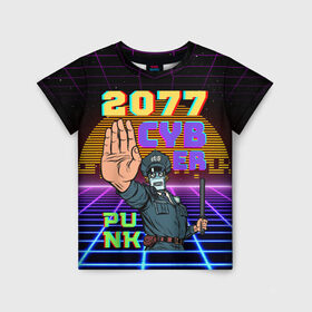 Детская футболка 3D с принтом Retro Cyberpunk в Курске, 100% гипоаллергенный полиэфир | прямой крой, круглый вырез горловины, длина до линии бедер, чуть спущенное плечо, ткань немного тянется | Тематика изображения на принте: 2077 | 3d | cyber punk | cyberpunk | retro | кибер панк | киберпанк | полная запечатка | ретро | робот