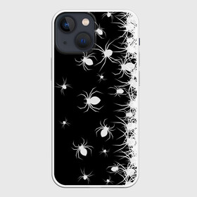Чехол для iPhone 13 mini с принтом Пауки в Курске,  |  | black and white | dark | halloween | horror | spiders | жуки | клещ | краска | минимализм | монохромный | ночь | пауки | паутина | паучки | паучок | страшный | сумерки | темный | тьма | ужасы | уличный | хеллоуин | хоррор