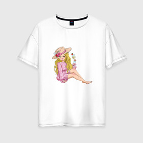 Женская футболка хлопок Oversize с принтом Варвара в Курске, 100% хлопок | свободный крой, круглый ворот, спущенный рукав, длина до линии бедер
 | в шляпке | девушка | еда | кокетка | коктейль