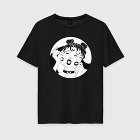Женская футболка хлопок Oversize с принтом Dark moon в Курске, 100% хлопок | свободный крой, круглый ворот, спущенный рукав, длина до линии бедер
 | sailor moon | аниме | девушка | демон | клыки | луна | сейлор мун | суккуб | черно белый