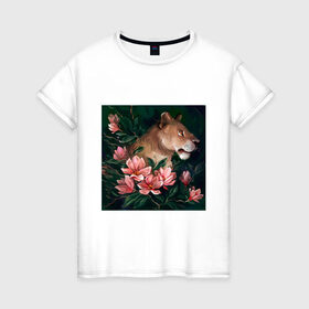 Женская футболка хлопок с принтом Львица в Курске, 100% хлопок | прямой крой, круглый вырез горловины, длина до линии бедер, слегка спущенное плечо | животное | кошка | лев | львица | природа | растения | хищник | цветы