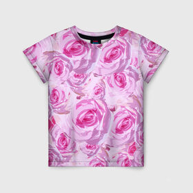 Детская футболка 3D с принтом Roses в Курске, 100% гипоаллергенный полиэфир | прямой крой, круглый вырез горловины, длина до линии бедер, чуть спущенное плечо, ткань немного тянется | дизайн с розами | женственность | нежность | роза | розовый принт | розовый фон | розы | цветы