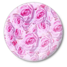 Значок с принтом Roses в Курске,  металл | круглая форма, металлическая застежка в виде булавки | дизайн с розами | женственность | нежность | роза | розовый принт | розовый фон | розы | цветы