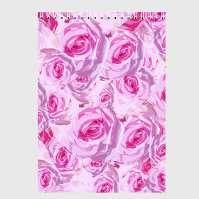 Скетчбук с принтом Roses в Курске, 100% бумага
 | 48 листов, плотность листов — 100 г/м2, плотность картонной обложки — 250 г/м2. Листы скреплены сверху удобной пружинной спиралью | дизайн с розами | женственность | нежность | роза | розовый принт | розовый фон | розы | цветы