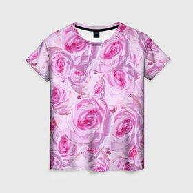 Женская футболка 3D с принтом Roses в Курске, 100% полиэфир ( синтетическое хлопкоподобное полотно) | прямой крой, круглый вырез горловины, длина до линии бедер | дизайн с розами | женственность | нежность | роза | розовый принт | розовый фон | розы | цветы