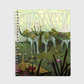 Тетрадь с принтом Солнечное болото в Курске, 100% бумага | 48 листов, плотность листов — 60 г/м2, плотность картонной обложки — 250 г/м2. Листы скреплены сбоку удобной пружинной спиралью. Уголки страниц и обложки скругленные. Цвет линий — светло-серый
 | Тематика изображения на принте: болото | деревья | опасность | растения | цветы