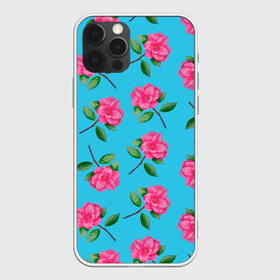 Чехол для iPhone 12 Pro Max с принтом Камелии на голубом фоне в Курске, Силикон |  | 8 марта | flowers | summer | ботаническая иллюстрация | весна | зеленый | камелии | лето | любовь | праздник | принт | природа | растения | розовый | цветы