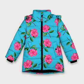 Зимняя куртка для девочек 3D с принтом Камелии на голубом фоне в Курске, ткань верха — 100% полиэстер; подклад — 100% полиэстер, утеплитель — 100% полиэстер. | длина ниже бедра, удлиненная спинка, воротник стойка и отстегивающийся капюшон. Есть боковые карманы с листочкой на кнопках, утяжки по низу изделия и внутренний карман на молнии. 

Предусмотрены светоотражающий принт на спинке, радужный светоотражающий элемент на пуллере молнии и на резинке для утяжки. | Тематика изображения на принте: 8 марта | flowers | summer | ботаническая иллюстрация | весна | зеленый | камелии | лето | любовь | праздник | принт | природа | растения | розовый | цветы