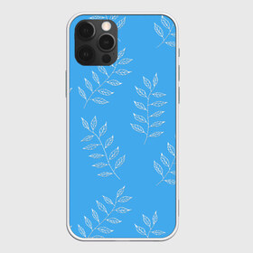 Чехол для iPhone 12 Pro Max с принтом Белые листья на голубом фоне в Курске, Силикон |  | 8 марта | summer | белый | ботаническая иллюстрация | весна | веточки | лето | листья | любовь | праздник | принт | природа | растения