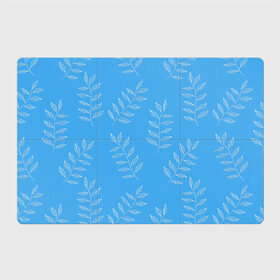 Магнитный плакат 3Х2 с принтом Белые листья на голубом фоне в Курске, Полимерный материал с магнитным слоем | 6 деталей размером 9*9 см | Тематика изображения на принте: 8 марта | summer | белый | ботаническая иллюстрация | весна | веточки | лето | листья | любовь | праздник | принт | природа | растения