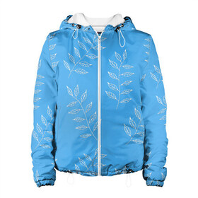 Женская куртка 3D с принтом Белые листья на голубом фоне в Курске, ткань верха — 100% полиэстер, подклад — флис | прямой крой, подол и капюшон оформлены резинкой с фиксаторами, два кармана без застежек по бокам, один большой потайной карман на груди. Карман на груди застегивается на липучку | 8 марта | summer | белый | ботаническая иллюстрация | весна | веточки | лето | листья | любовь | праздник | принт | природа | растения