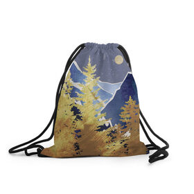 Рюкзак-мешок 3D с принтом Золотой лес в Курске, 100% полиэстер | плотность ткани — 200 г/м2, размер — 35 х 45 см; лямки — толстые шнурки, застежка на шнуровке, без карманов и подкладки | горы | елки | золотой | лес | луна | природа | путешественникам | путешествие