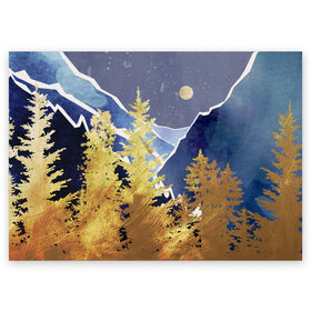 Поздравительная открытка с принтом Золотой лес в Курске, 100% бумага | плотность бумаги 280 г/м2, матовая, на обратной стороне линовка и место для марки
 | Тематика изображения на принте: горы | елки | золотой | лес | луна | природа | путешественникам | путешествие