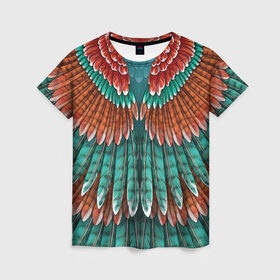 Женская футболка 3D с принтом Оперение зимородка в Курске, 100% полиэфир ( синтетическое хлопкоподобное полотно) | прямой крой, круглый вырез горловины, длина до линии бедер | бирюзовый | друид | зелёный | зимородок | индеец | оперение | оранжевый | пернатый | перо | перья | природа | птица | рыжий | сон