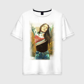 Женская футболка хлопок Oversize с принтом Сигрид в Курске, 100% хлопок | свободный крой, круглый ворот, спущенный рукав, длина до линии бедер
 | bliss | sigrid | девушка | певица | потягивание | радость | сигрид