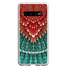 Чехол для Samsung Galaxy S10 с принтом Оперение зимородка (2) в Курске, Силикон | Область печати: задняя сторона чехла, без боковых панелей | бирюзовый | друид | зелёный | зимородок | индеец | оперение | оранжевый | пернатый | перо | перья | природа | птица | рыжий | сон