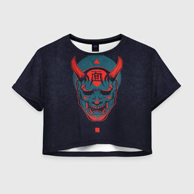 Женская футболка Crop-top 3D с принтом Samurai в Курске, 100% полиэстер | круглая горловина, длина футболки до линии талии, рукава с отворотами | dark | голова с рогами | самурай | тьма | череп | череп с рогами