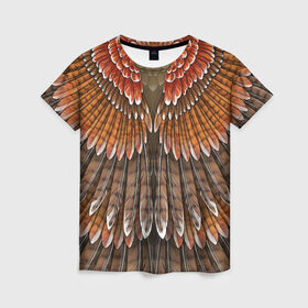 Женская футболка 3D с принтом оперение орел в Курске, 100% полиэфир ( синтетическое хлопкоподобное полотно) | прямой крой, круглый вырез горловины, длина до линии бедер | друид | индеец | коричневый | красный | оперение | оранжевый | орёл | пернатый | перо | перья | природа | птица | сова | сон