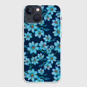 Чехол для iPhone 13 mini с принтом Иксии не темно синем фоне в Курске,  |  | 8 марта | flowers | summer | ботаническая иллюстрация | весна | иксии | лето | любовь | праздник | принт | природа | растения | синий | цветы