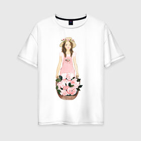 Женская футболка хлопок Oversize с принтом Девушка с цветами в Курске, 100% хлопок | свободный крой, круглый ворот, спущенный рукав, длина до линии бедер
 | 8 марта | dreams | всемирный женский день | цветы
