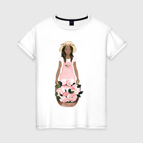 Женская футболка хлопок с принтом Девушка с корзиной тюльпанов в Курске, 100% хлопок | прямой крой, круглый вырез горловины, длина до линии бедер, слегка спущенное плечо | 8 марта | dreams | всемирный женский день | цветы