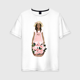 Женская футболка хлопок Oversize с принтом Девушка с корзиной тюльпанов в Курске, 100% хлопок | свободный крой, круглый ворот, спущенный рукав, длина до линии бедер
 | 8 марта | dreams | всемирный женский день | цветы