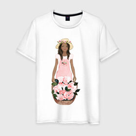 Мужская футболка хлопок с принтом Девушка с корзиной тюльпанов в Курске, 100% хлопок | прямой крой, круглый вырез горловины, длина до линии бедер, слегка спущенное плечо. | Тематика изображения на принте: 8 марта | dreams | всемирный женский день | цветы