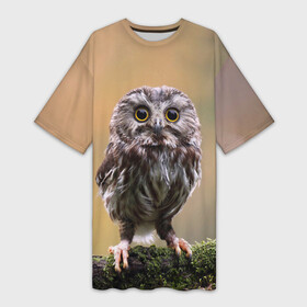 Платье-футболка 3D с принтом СОВЕНОК в Курске,  |  | animal | bird | животные | звери | лес | малыш | природа | птенец | птицы | сова | совенок