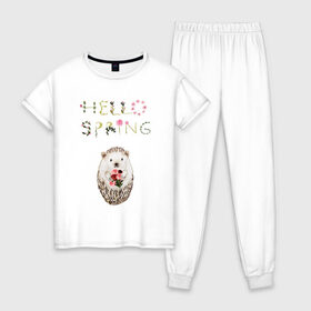 Женская пижама хлопок с принтом Hello Spring! в Курске, 100% хлопок | брюки и футболка прямого кроя, без карманов, на брюках мягкая резинка на поясе и по низу штанин | Тематика изображения на принте: 8 марта | dreams | всемирный женский день | ежик | иголки | цветы