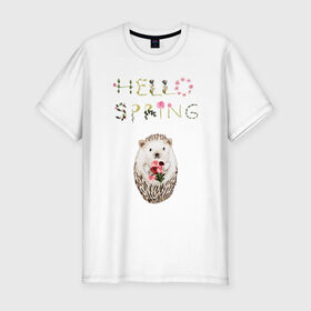 Мужская футболка хлопок Slim с принтом Hello Spring! в Курске, 92% хлопок, 8% лайкра | приталенный силуэт, круглый вырез ворота, длина до линии бедра, короткий рукав | 8 марта | dreams | всемирный женский день | ежик | иголки | цветы